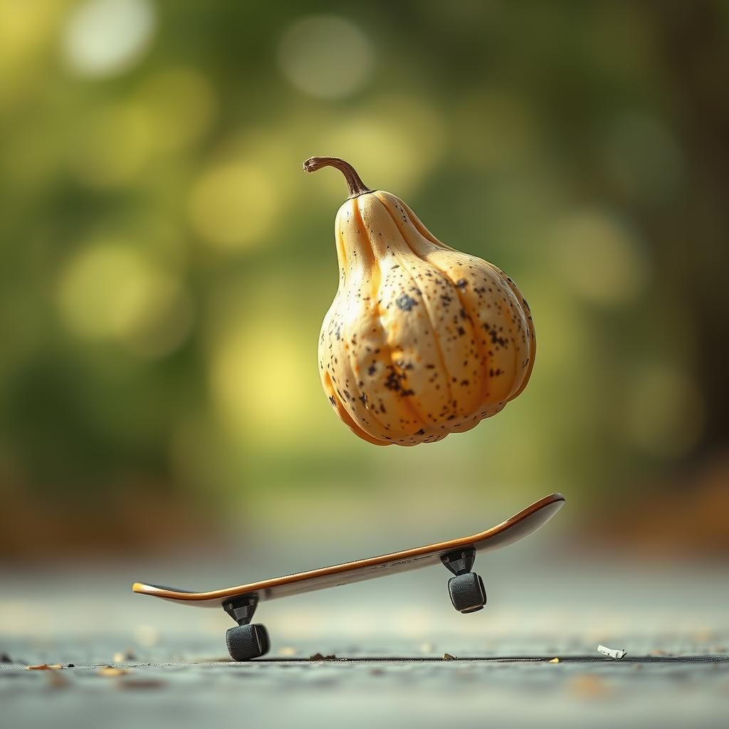 Surreal Gourd Skateboarding Flip in Dreamlike Setting
