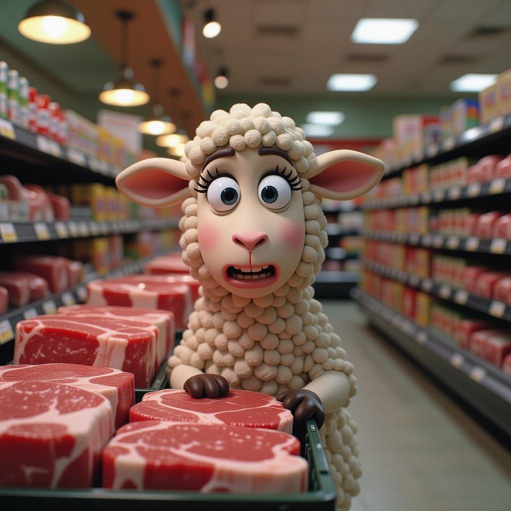 Anxious Lamb in Grocery Store: Claymation Art