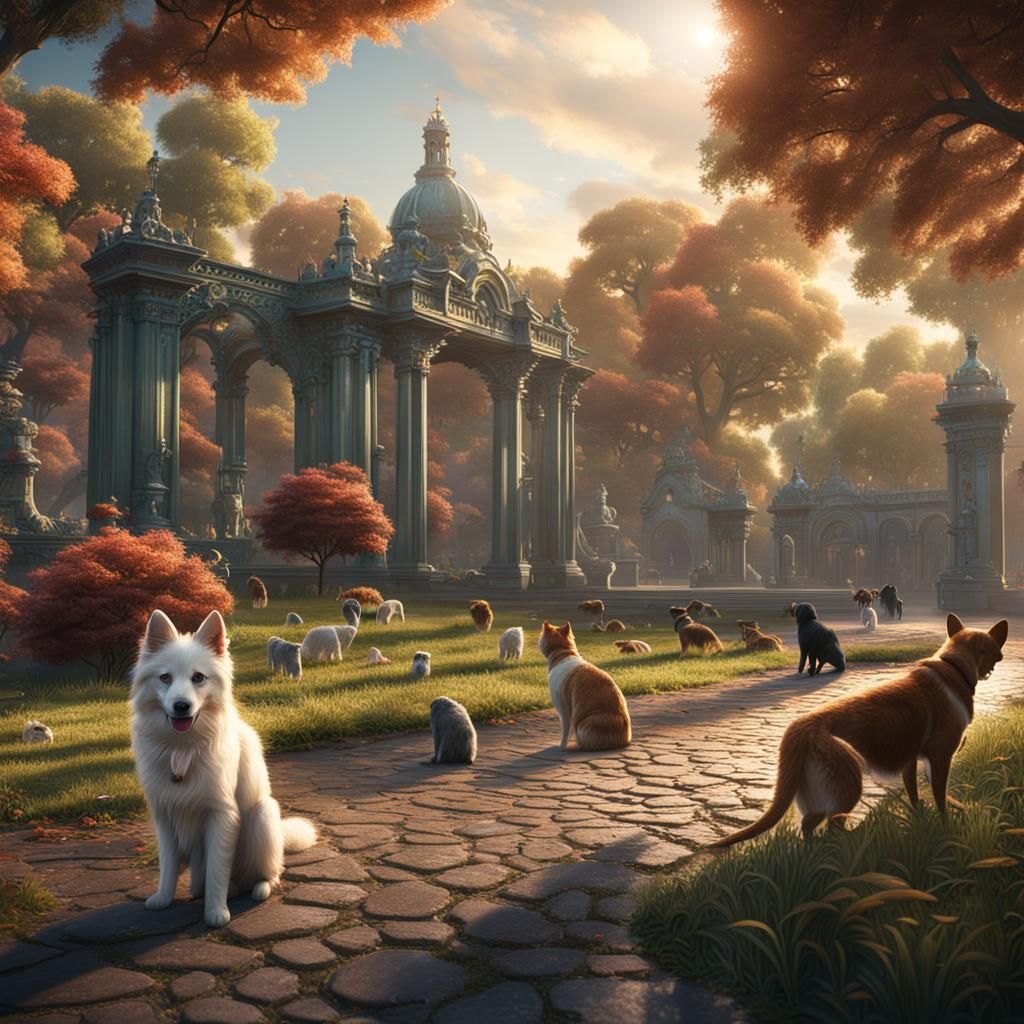 Stray Pets in Park: Detailed Fantasy Painting