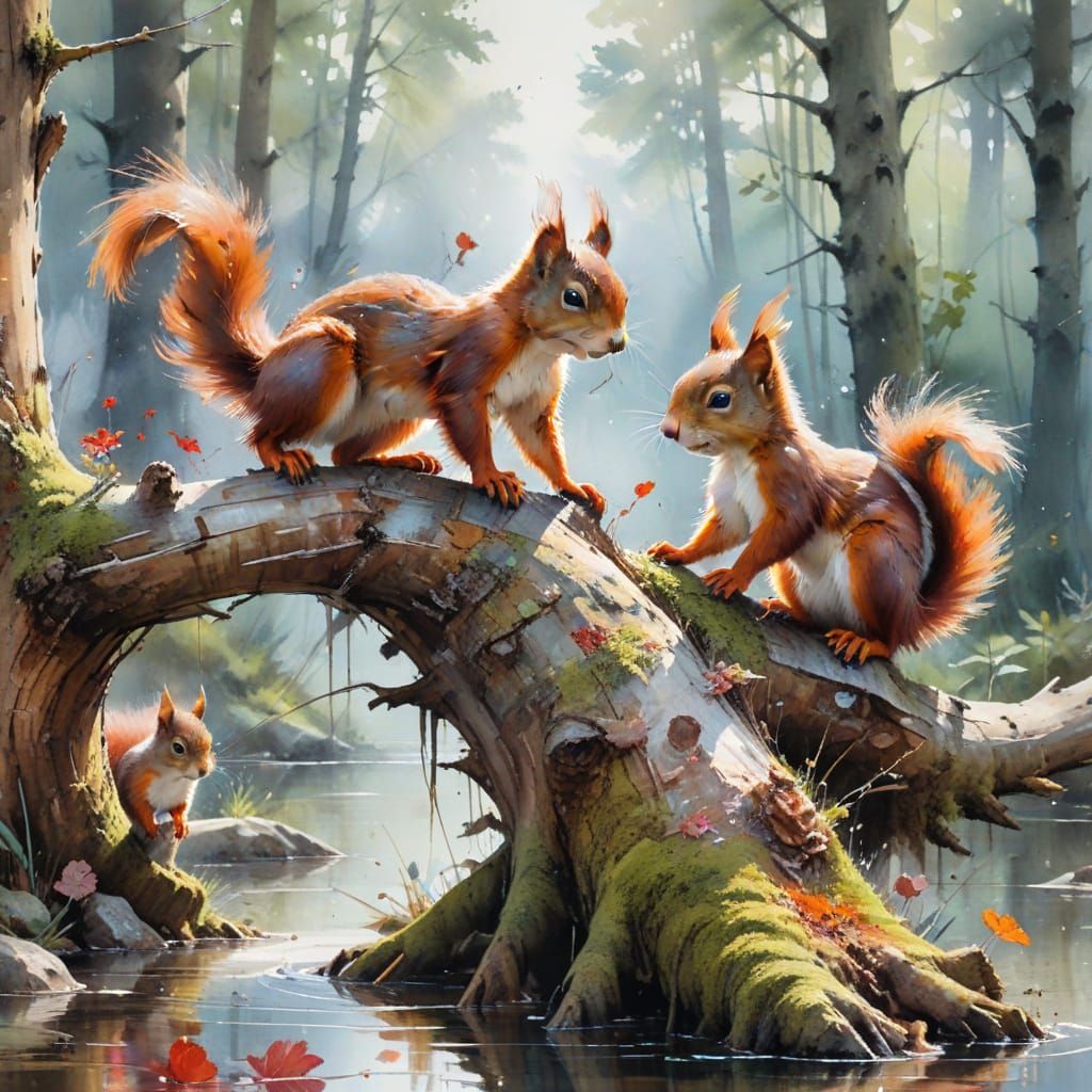 Red Squirrel Family at Forest Lake in Watercolor Style