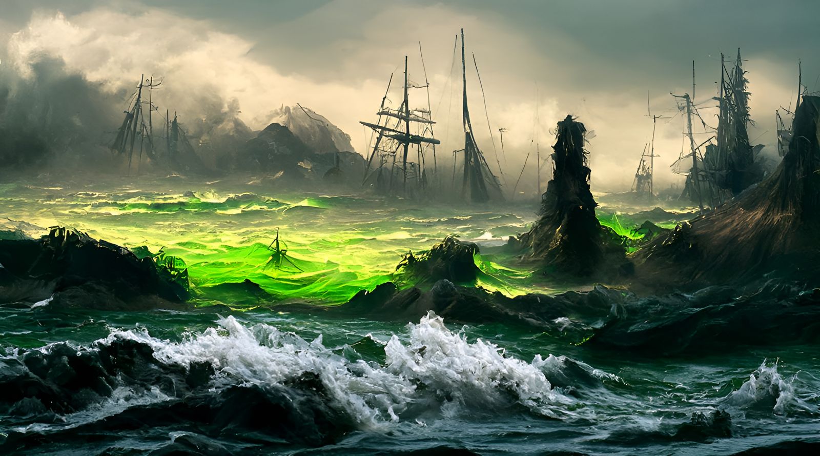 Ghost Ship Sailing Through Luminous Green Clouds