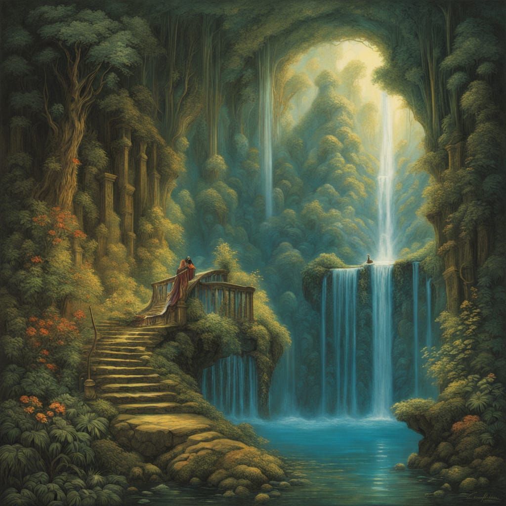 Mystical Waterfall in Dreamlike Realism