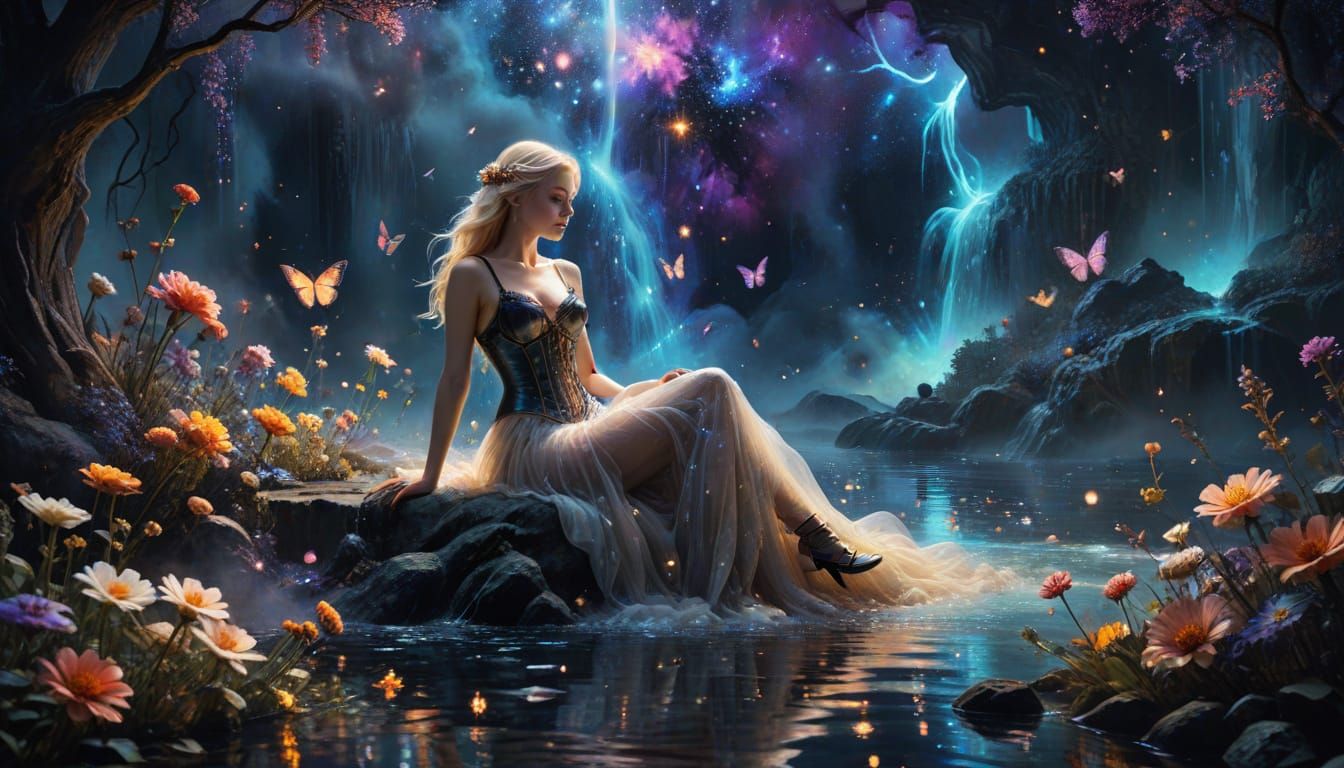 Cosmic Waterfall Bursts in Starlit Studio Painting