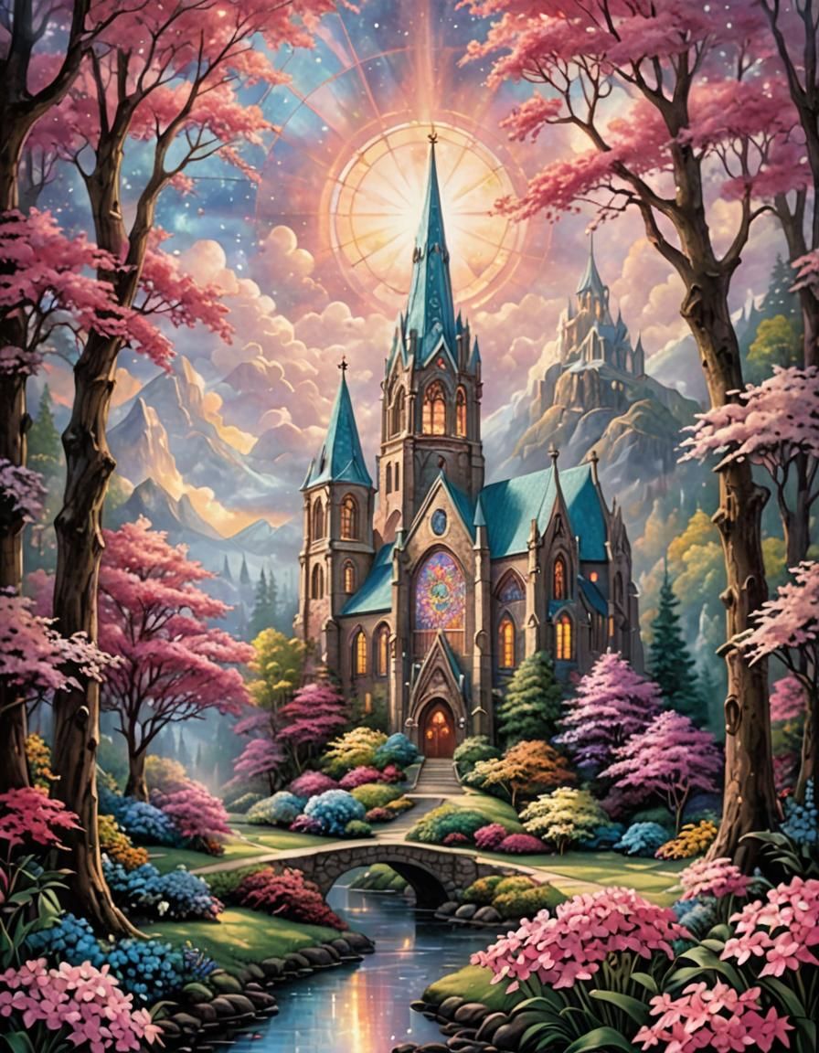 Ethereal Stained Glass Cathedral with Pink Flower