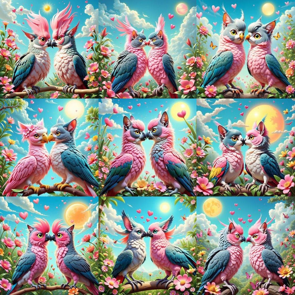 Whimsical Galah Cat Parrot Twin Share Tender Kiss in Floral ...