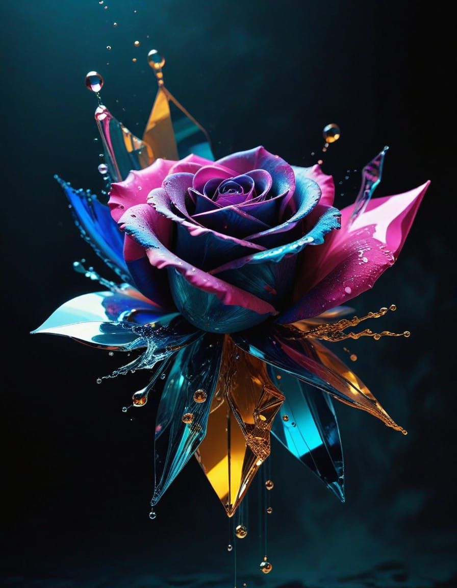 Ethereal Rose Formed from Liquid Metal and Glass Shards