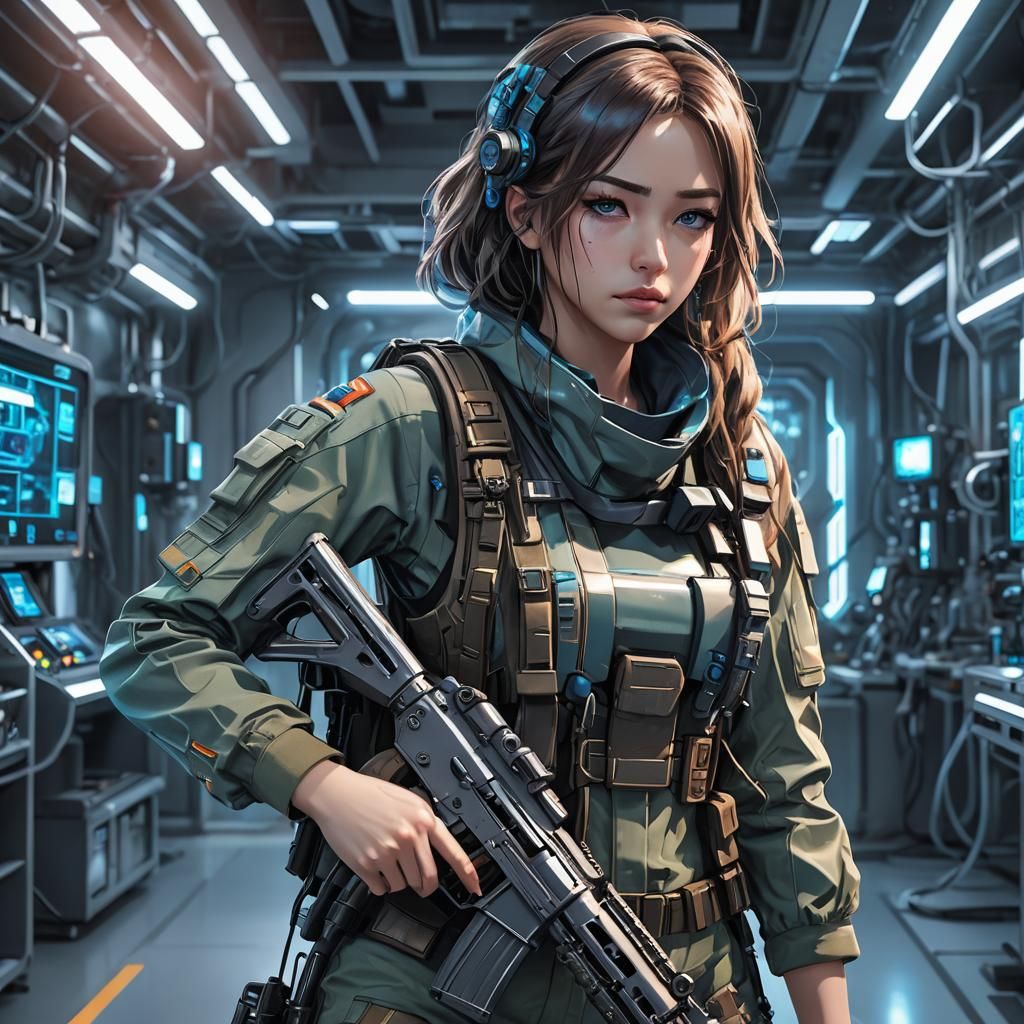 Anime Girl with AK-47 in Futuristic Lab