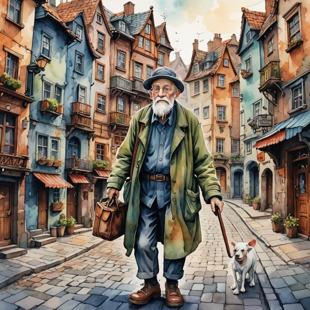 Watercolor. Contrast. A quirky cartoon old man on a walk, wi...