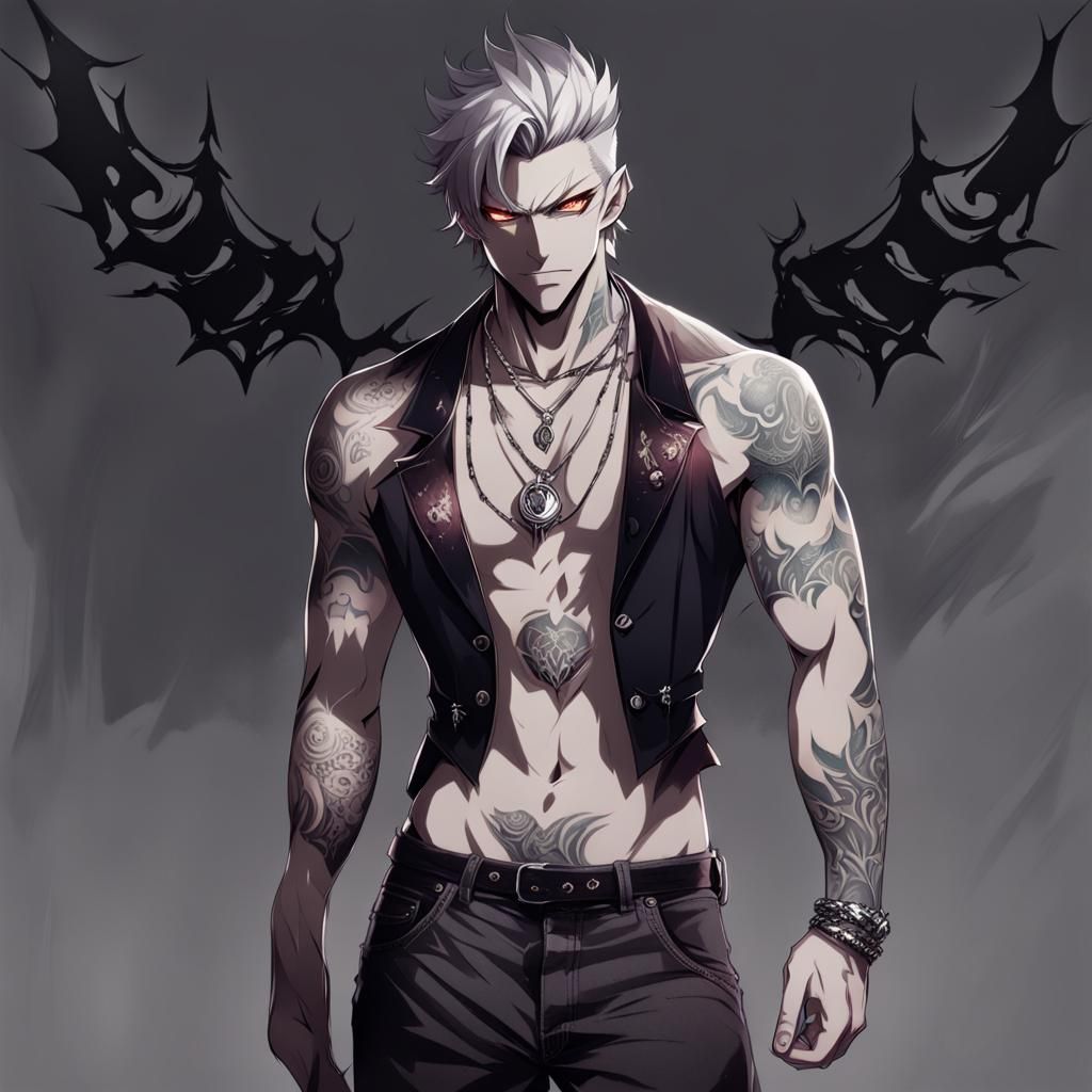 Handsome Tattooed Demon with Silver Eyes in Anime Style