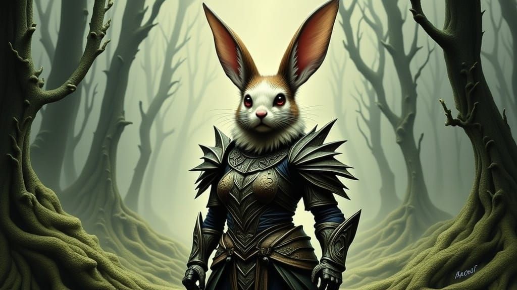 Rabbit Warrioress in Mystical Forest: Surreal Art