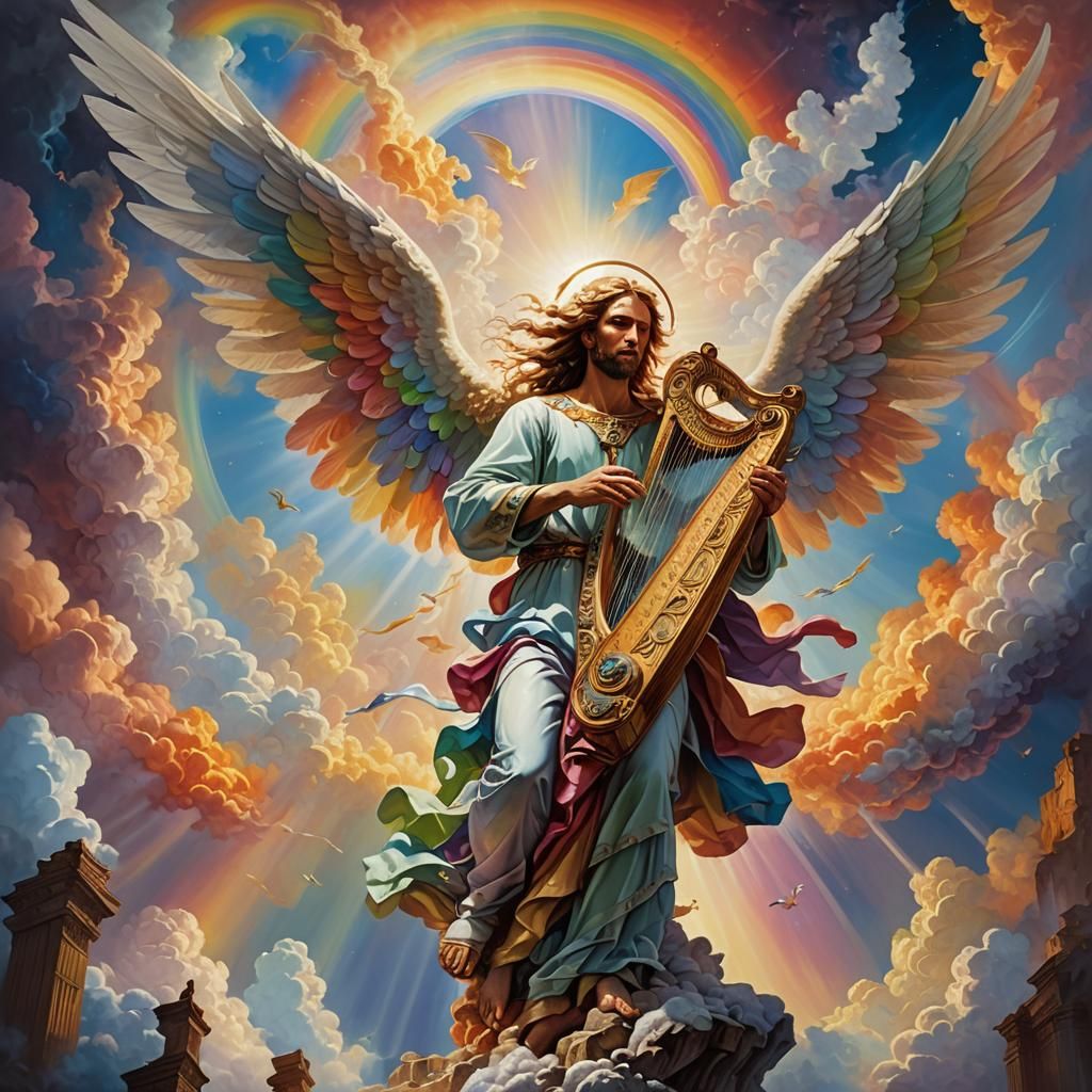 Majestic Angel Descends with Harp in Surreal Style