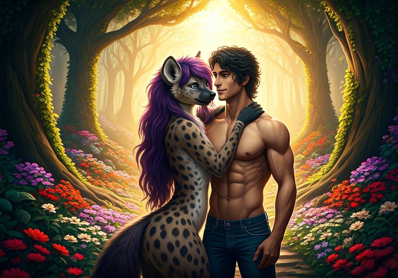 Ethereal Garden of Eden Scene with Anthropomorphic She-Hyena...