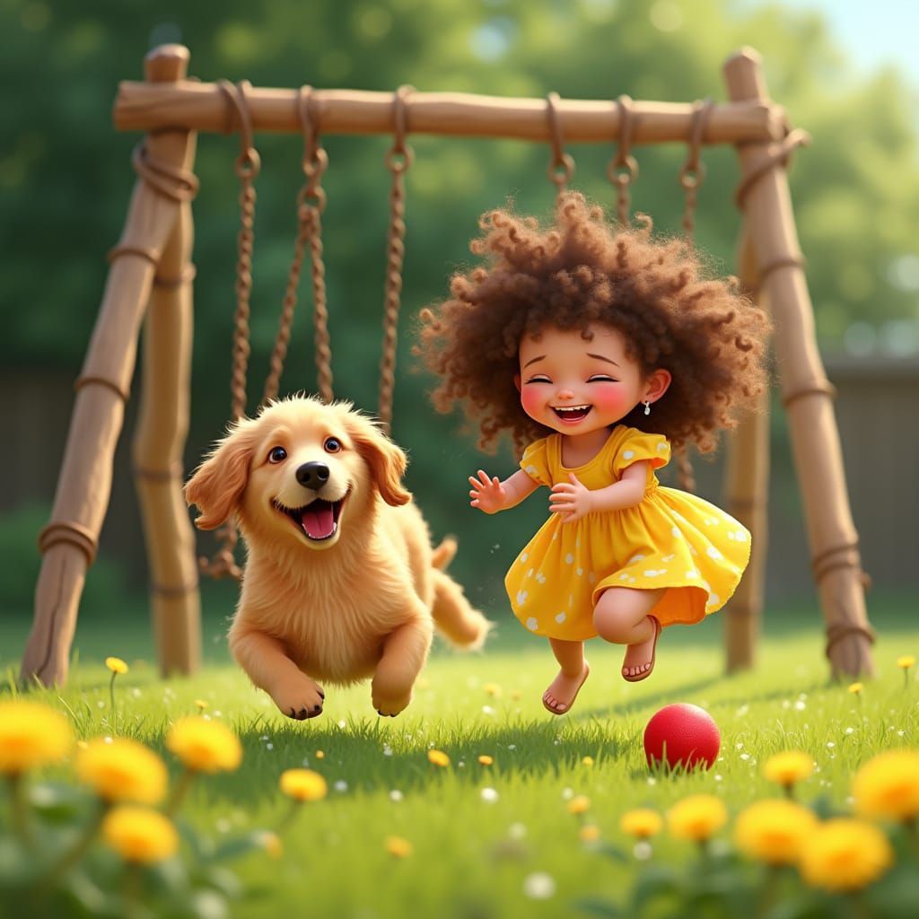 Joyful Girl Plays with Dog in Sunny Backyard