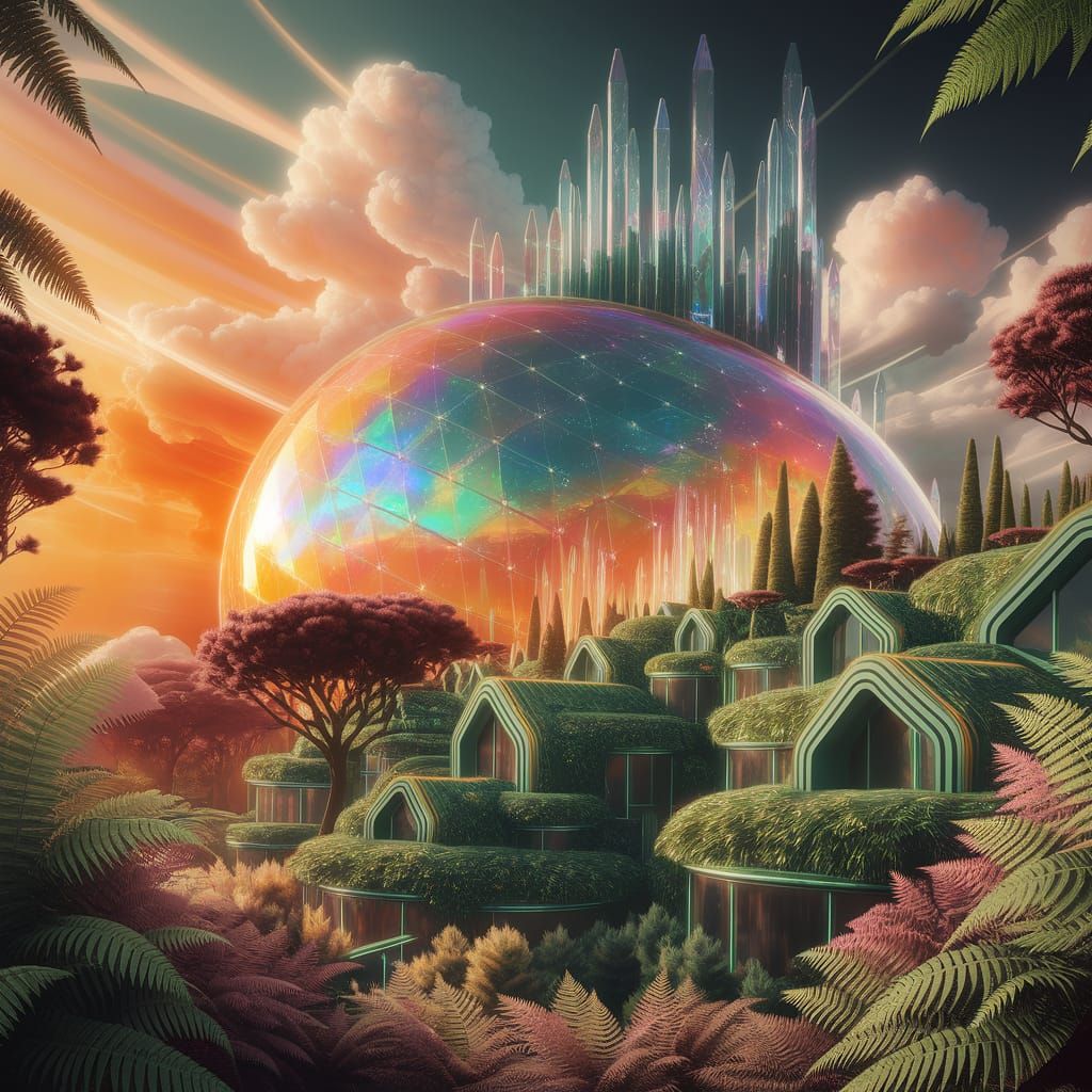 Solarpunk City in Glass Dome: 3D Render
