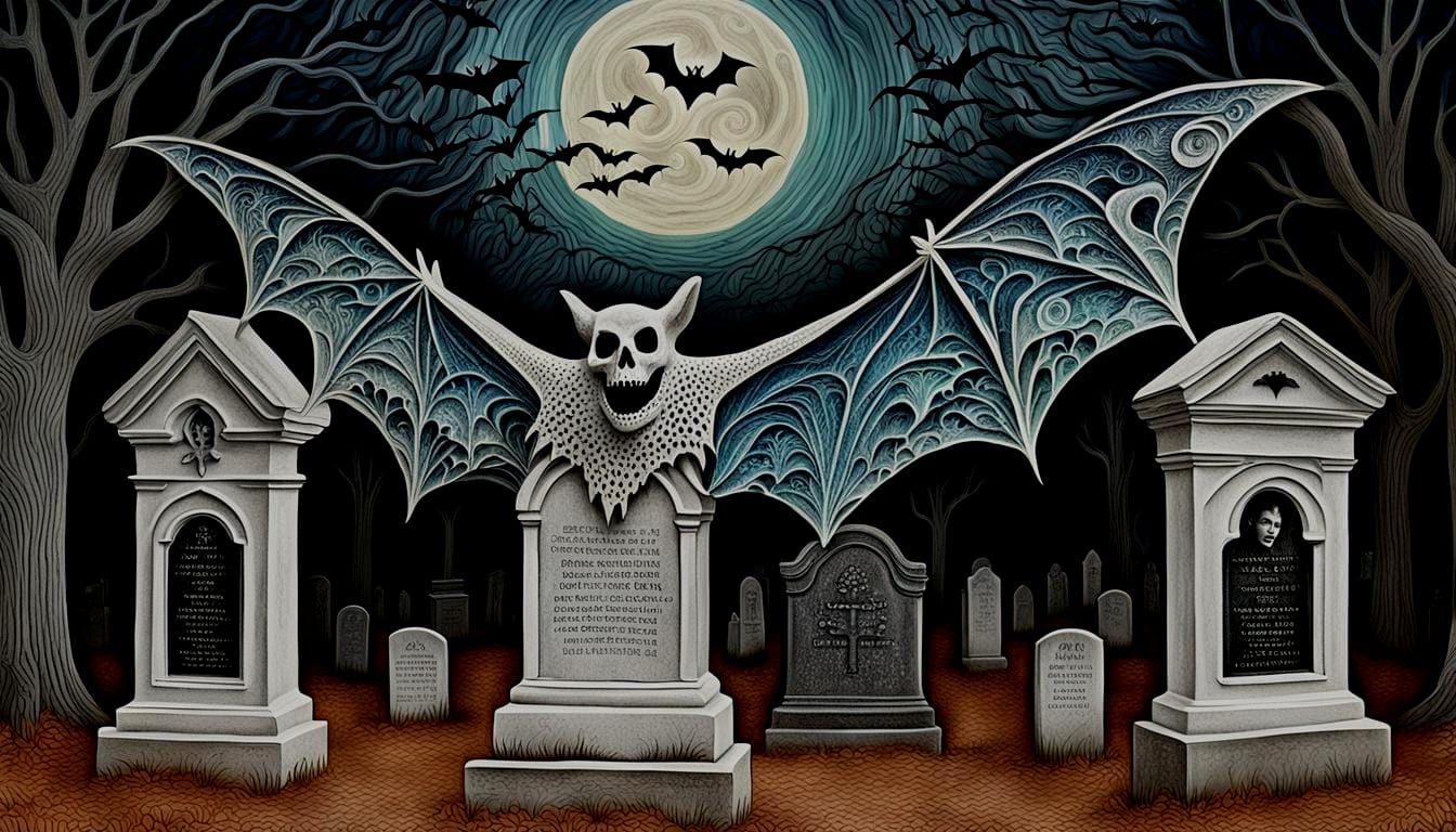 Psychedelic Ghost Portrait with Bats and Tombstones