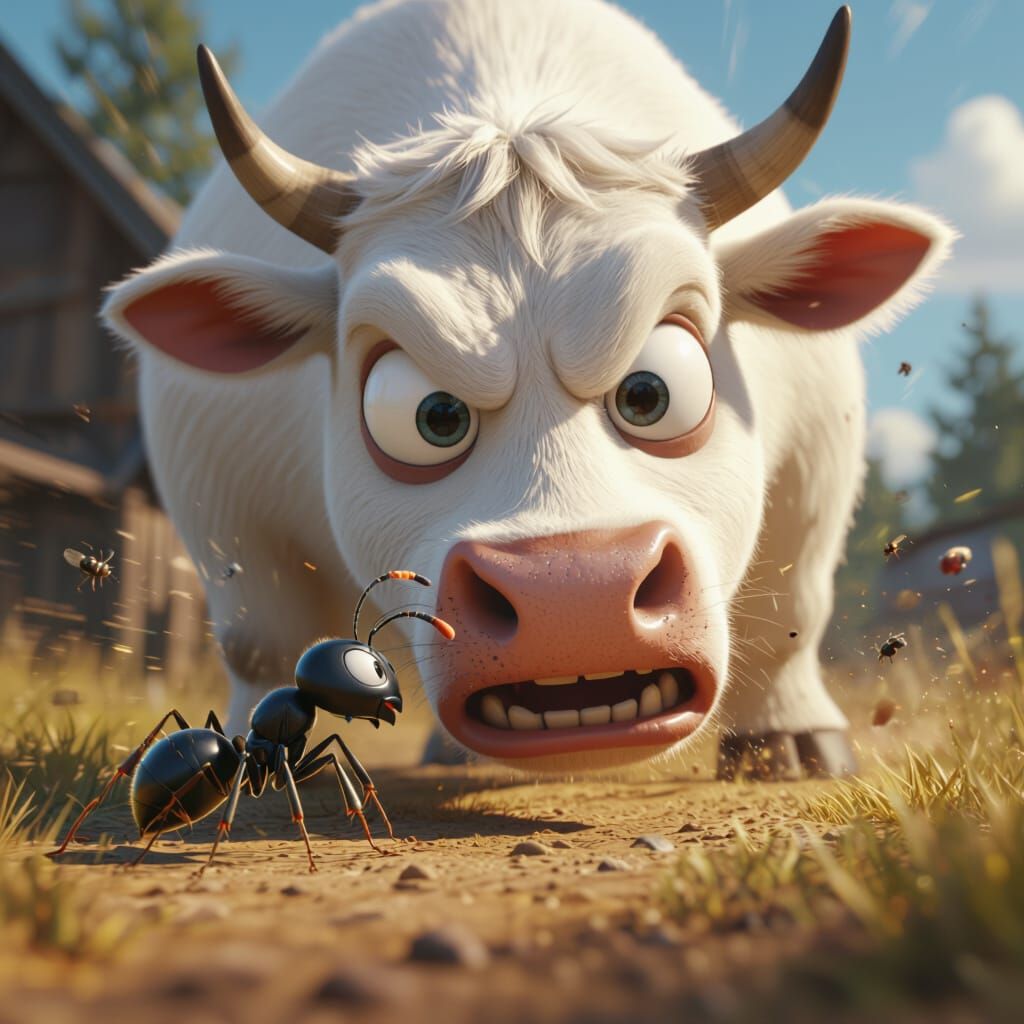 Ant Attacks Cow in Hyperrealistic 3D Style