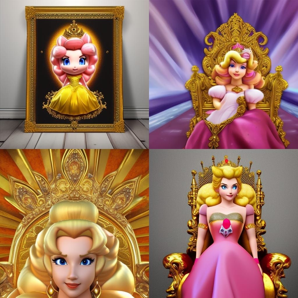 Photorealistic Princess Peach on a Golden Throne