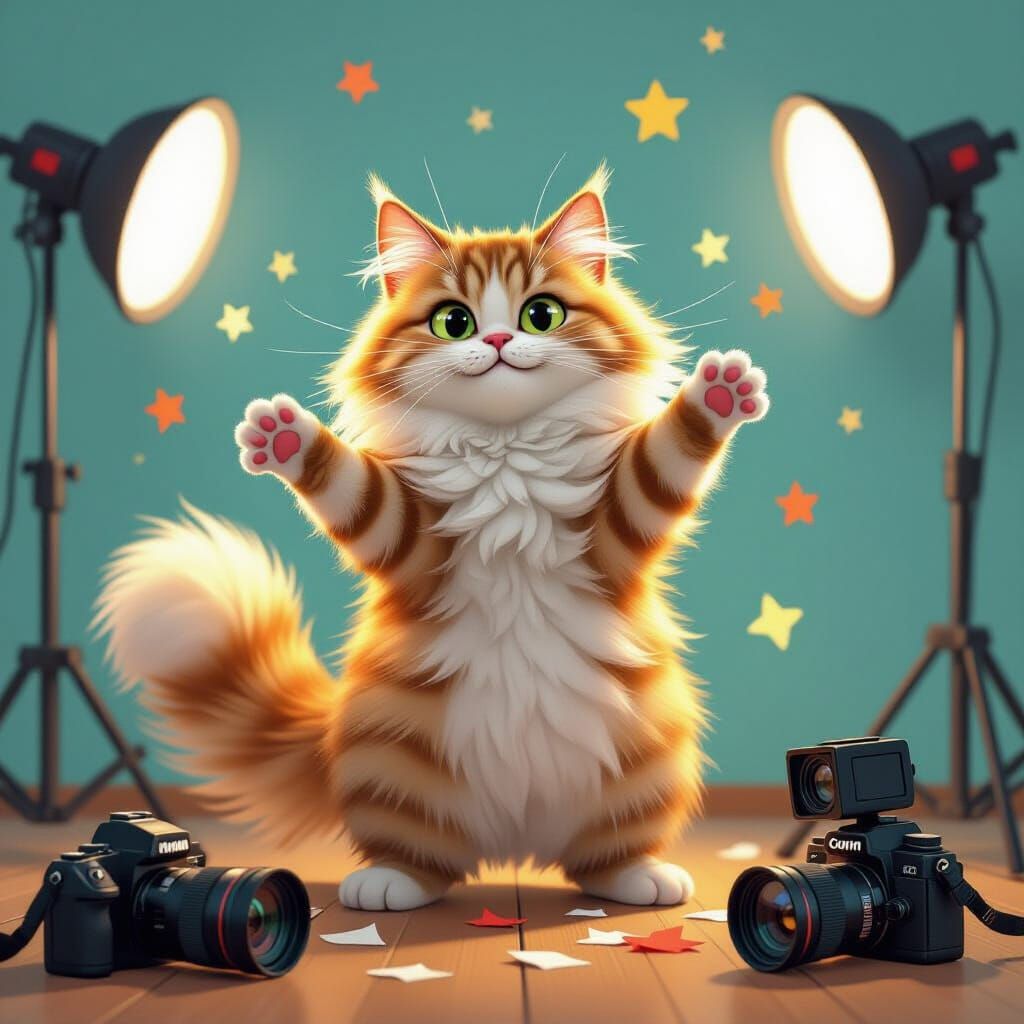 Fluffy Cat Knocks Over Camera in Whimsical Cartoon Style