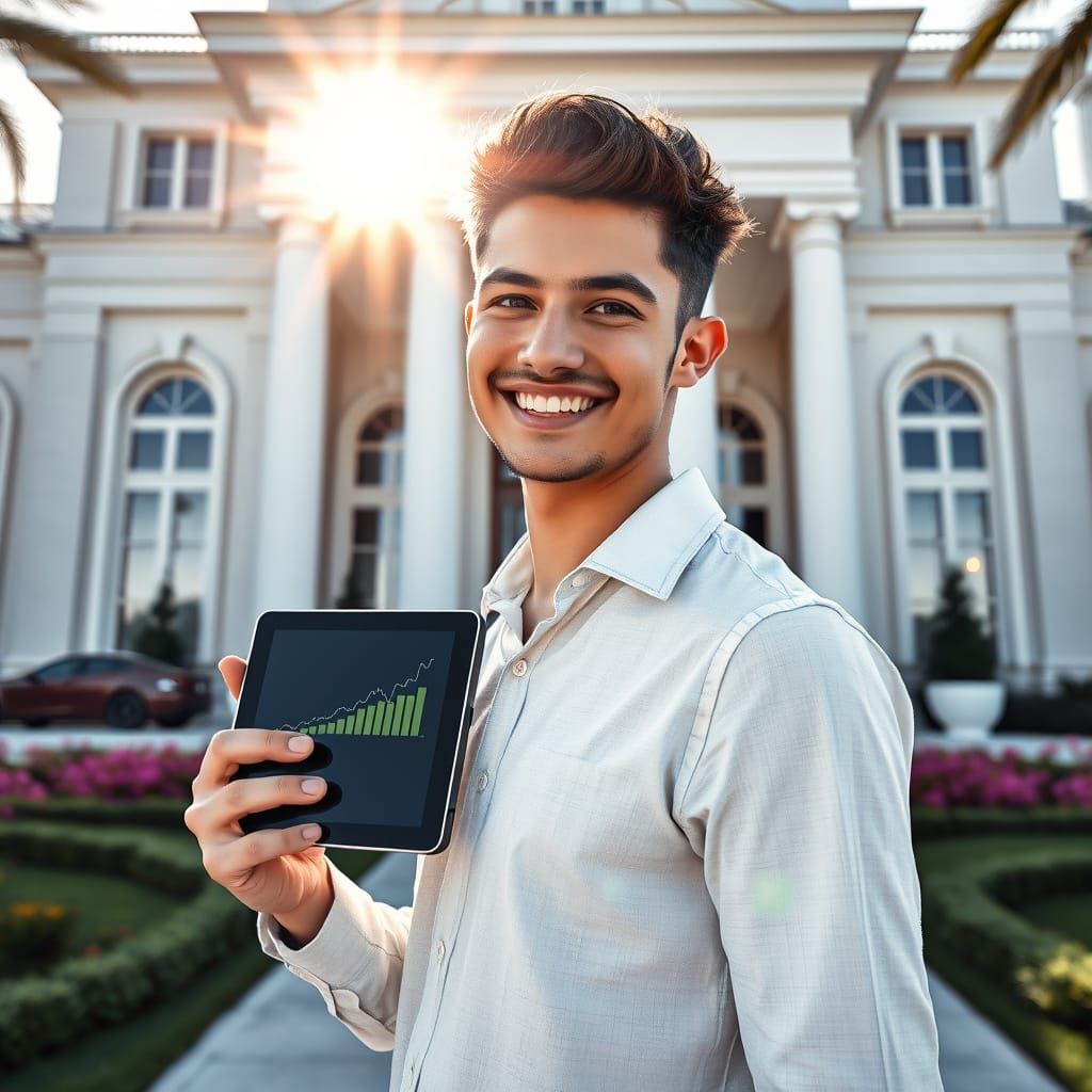 Young Trader Celebrates Success in Grand Neoclassical Mansio...