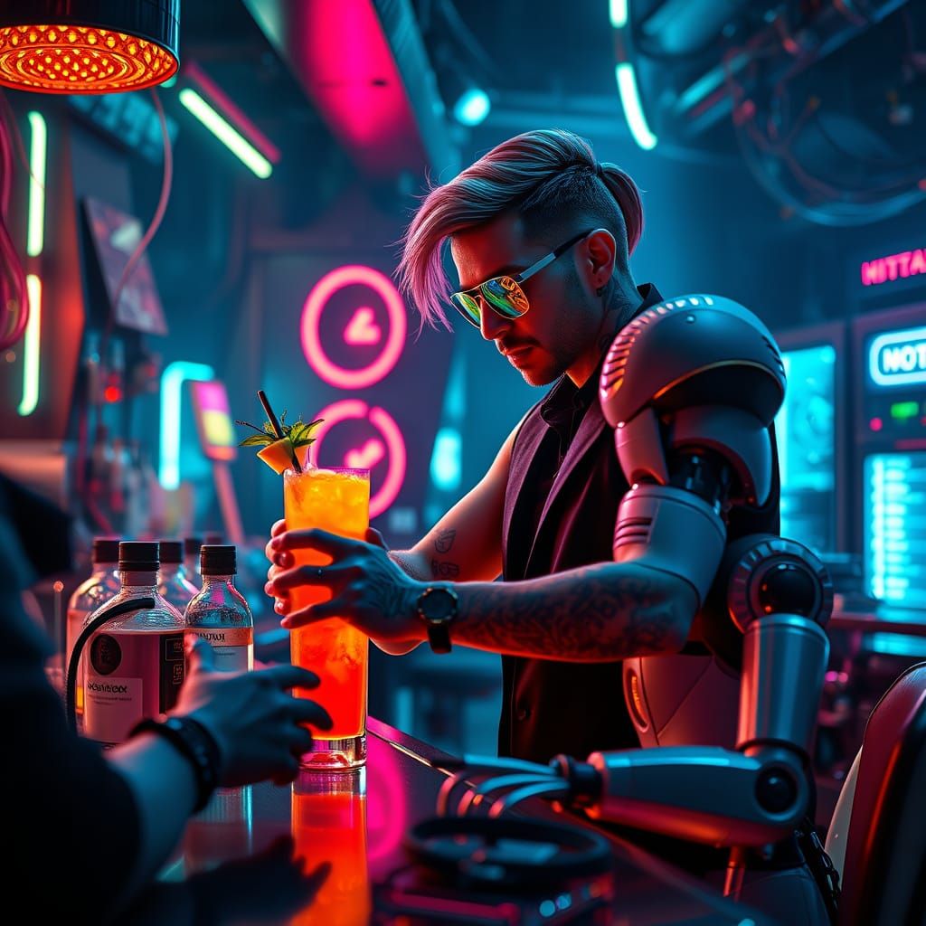 Cyberpunk Bartender Mixing Cocktail in Neon Lit Bar