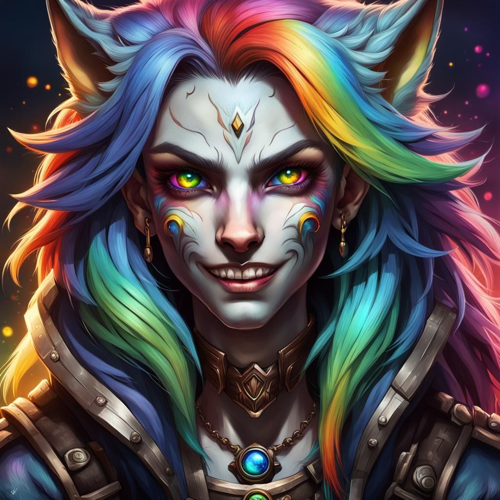 Hyperrealistic Worgen Female with Rainbow Hair