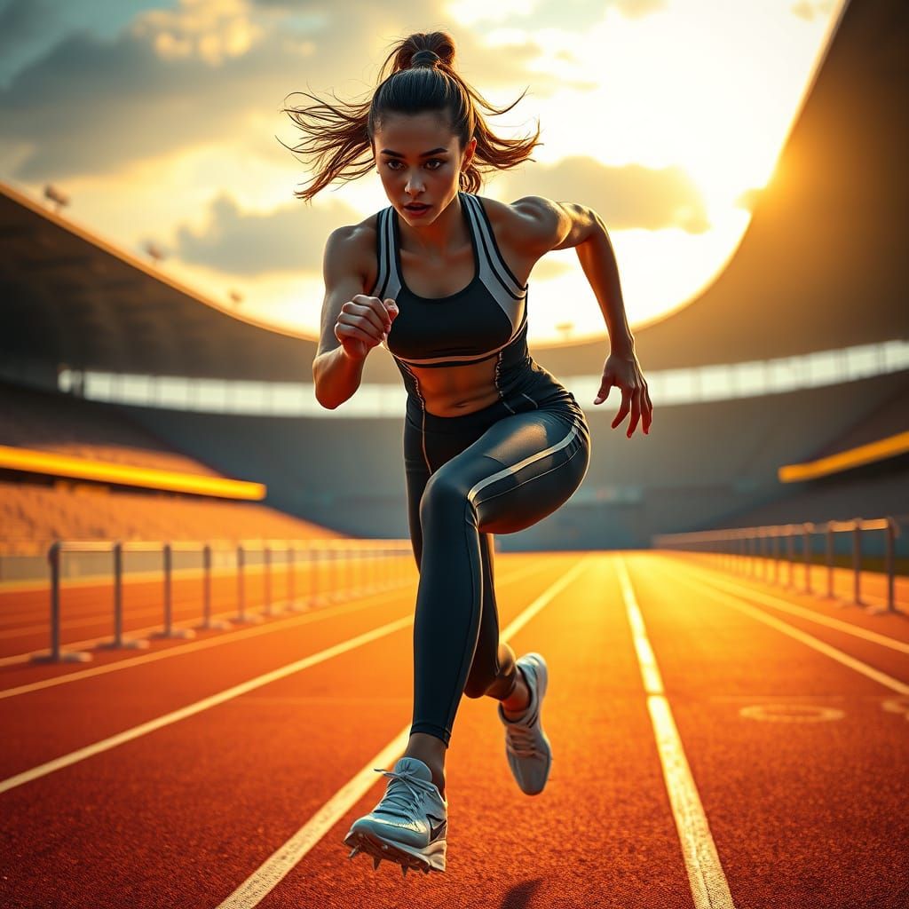 High-Tech Athlete Leaps Over Hurdle in Dreamlike Stadium Sce...