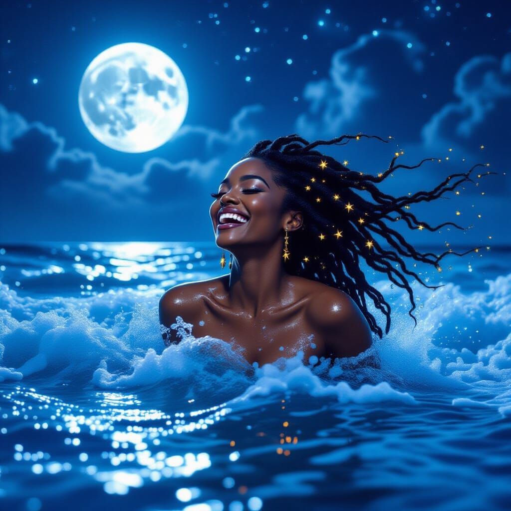 Woman in Moonlit Ocean: Graffiti Art Style