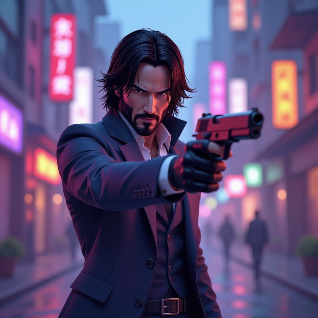 Keanu Reeves as Heroic Anime Character in Action Pose