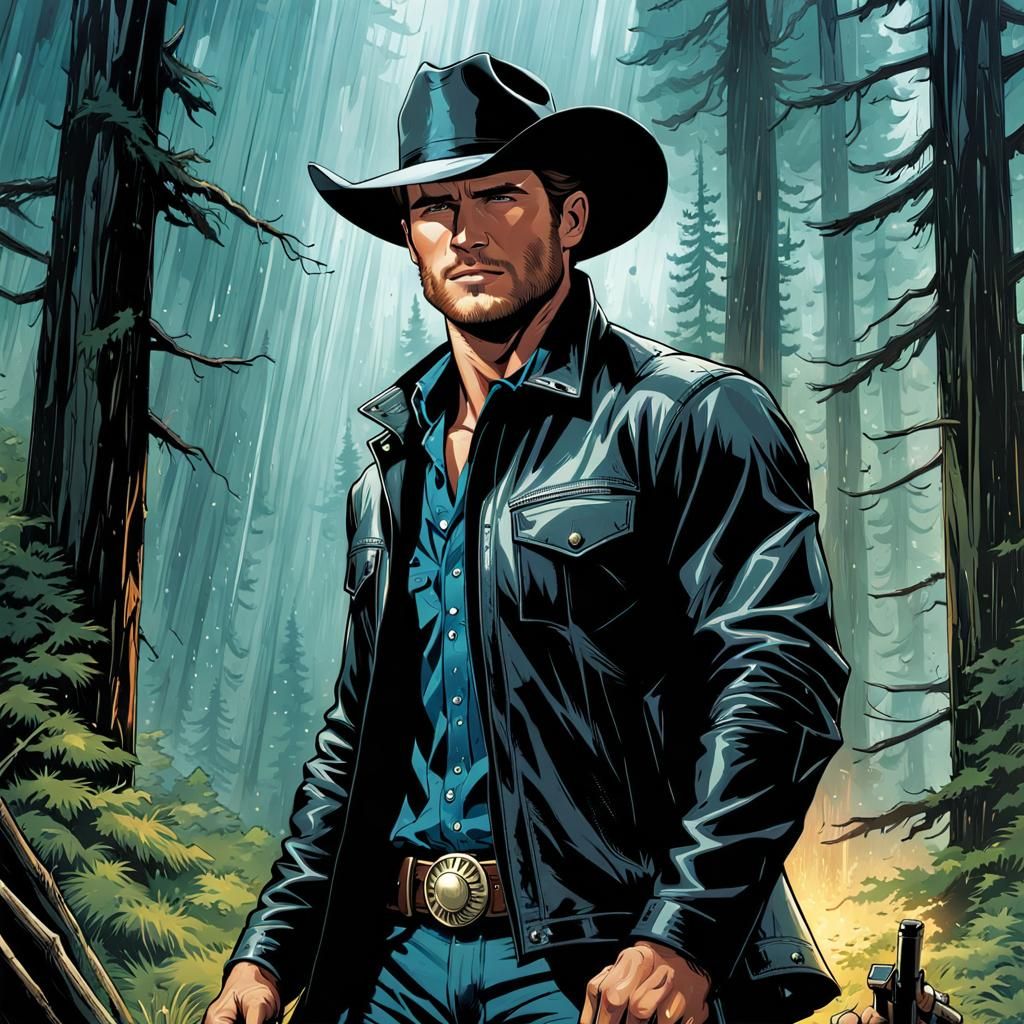 Scott Eastwood in Rainy Montana Forest: Comic Book Art