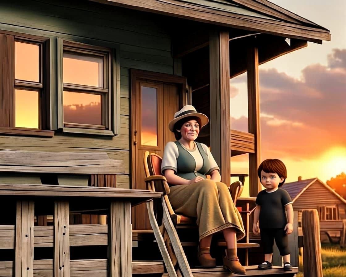 Golden Hour Farm Scene: Family on Porch at Sunset