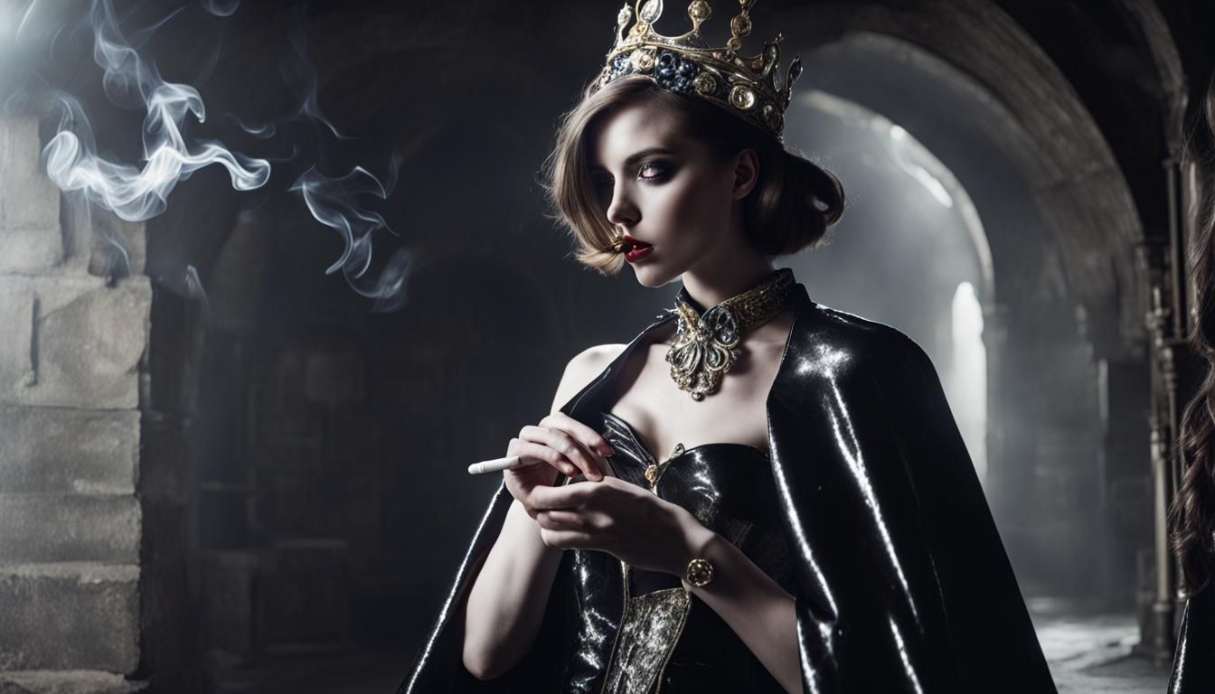Woman in Royal Outfit Smoking in Dungeon