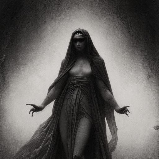 Horrific Nun with White Aura in Doré Style