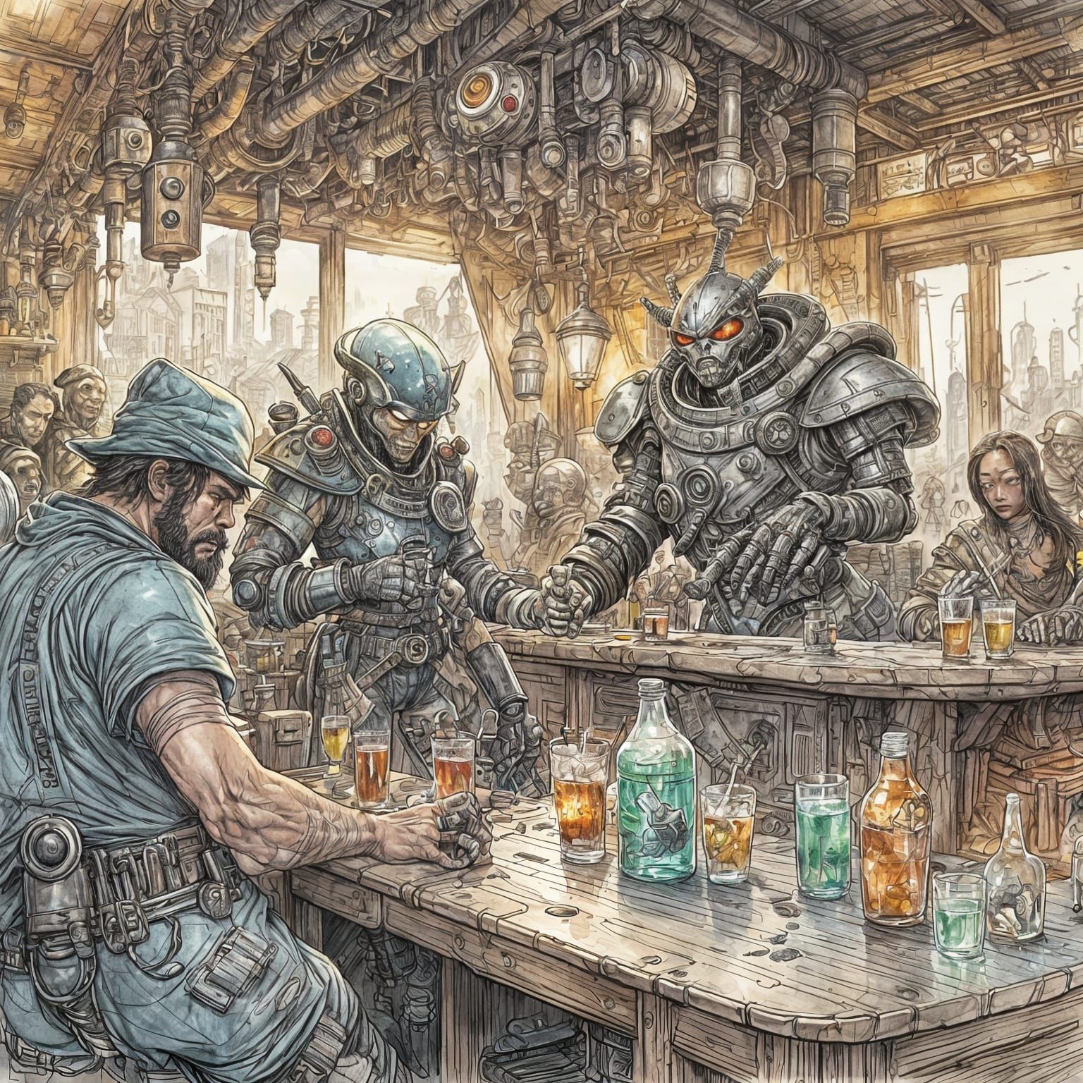 Robot Buccaneer in Alien City Tavern, Ink Watercolor Fantasy