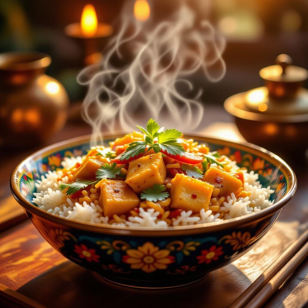 Aromatic Curry and Rice in Digital Art Style