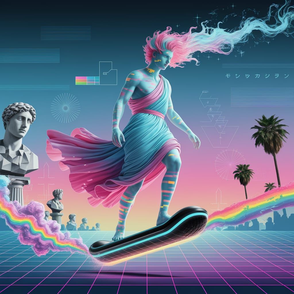 God of Rainbows Rides Vaporwave Hoverboard