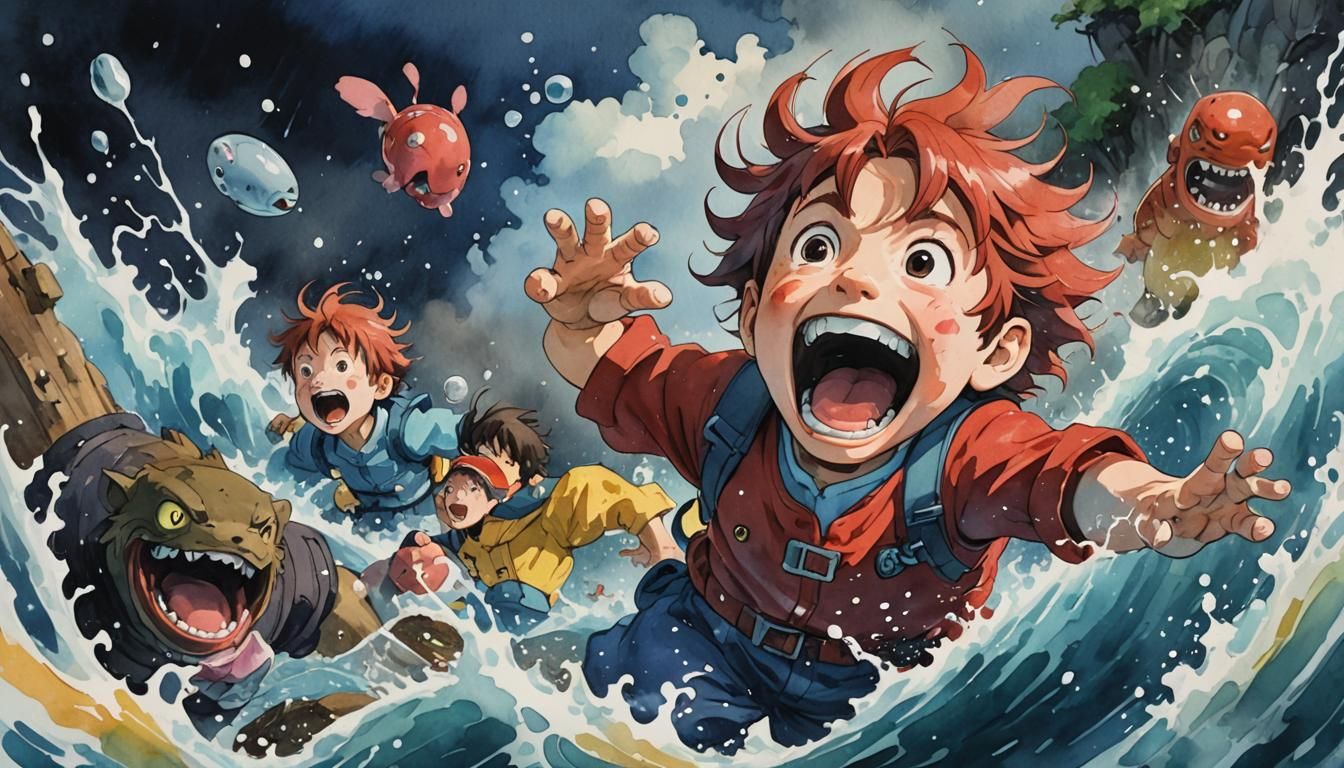 Ponyo-Style Cartoon Portrait with Ink Splatter Effects