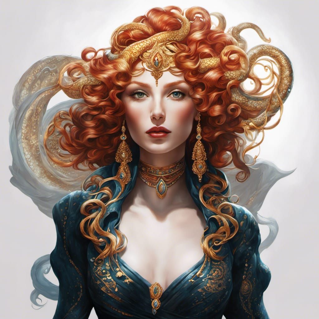 Red-headed Snake Goddess Portrait in Hyperrealistic Style