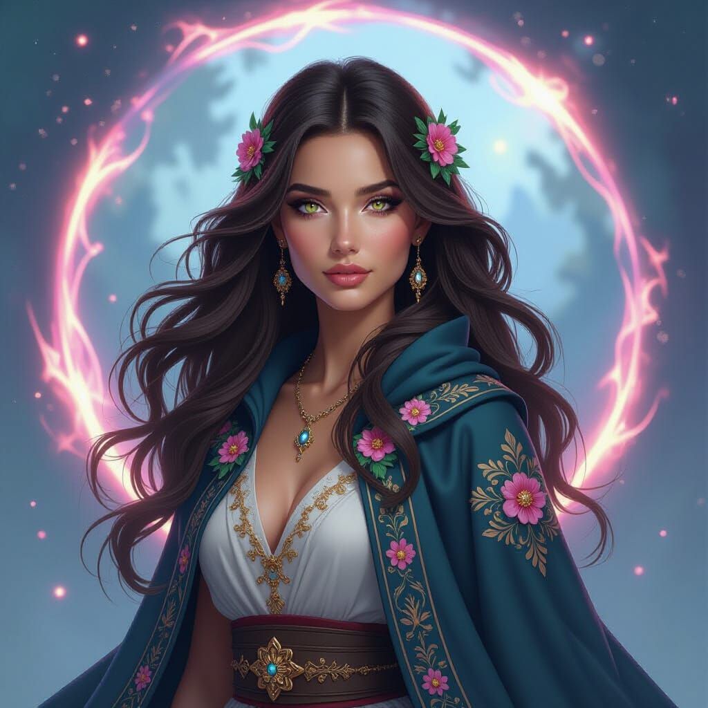 Brunette Sorceress in Cosmic Vortex: Hyperrealistic Art