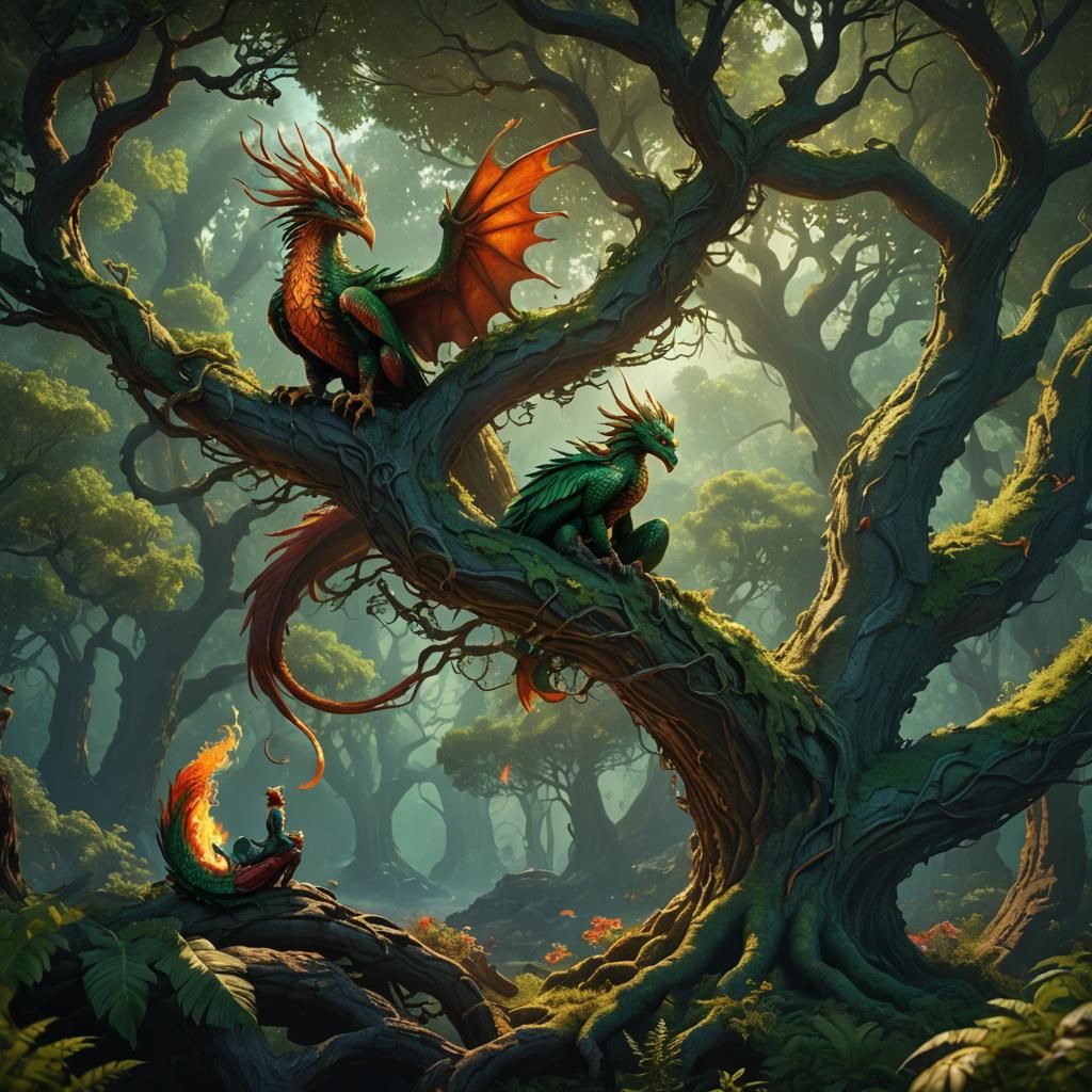 Phoenix and Dragon in Forest Hideaway
