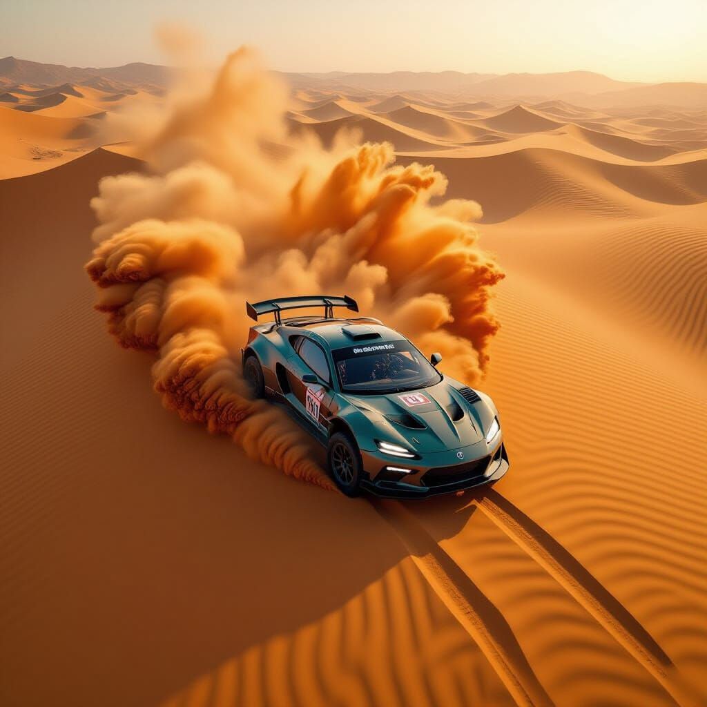 Giant Hand Over Supercar on Sand Dune in Art Deco Style
