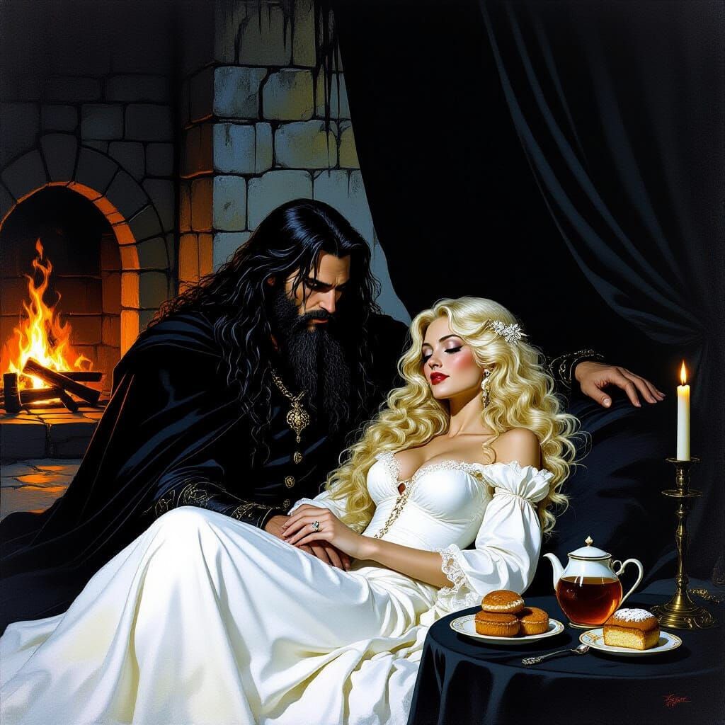 Dark Fantasy Wizard Wakes Blonde Woman in Castle