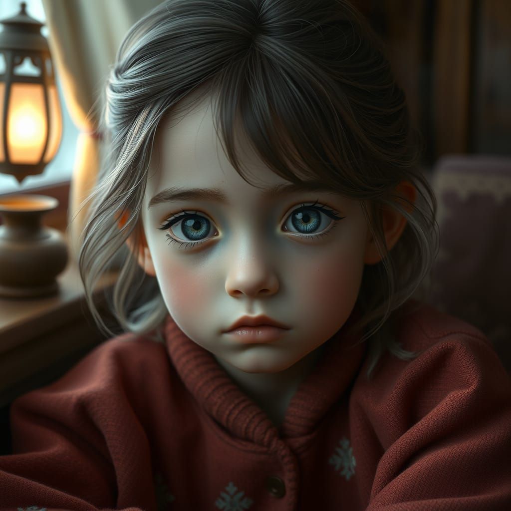 Enchanting Young Girl in Cozy Domestic Scene, Pleading to St...