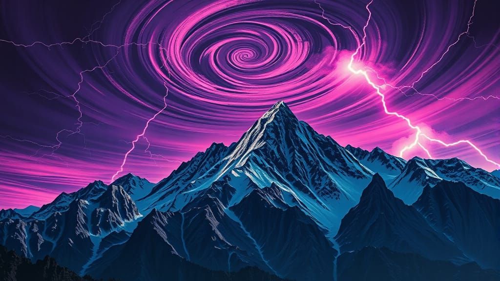 Dramatic Mountains Under Lightning Storm in Graffiti Style