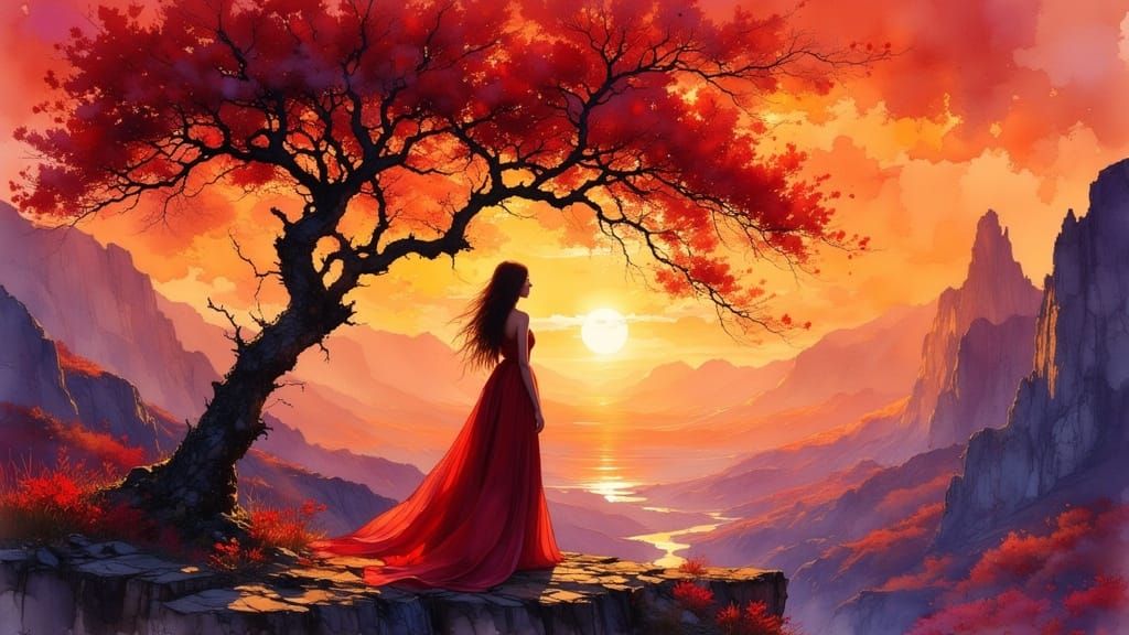 Red Blossom Tree at Sunset, Impressionistic Style