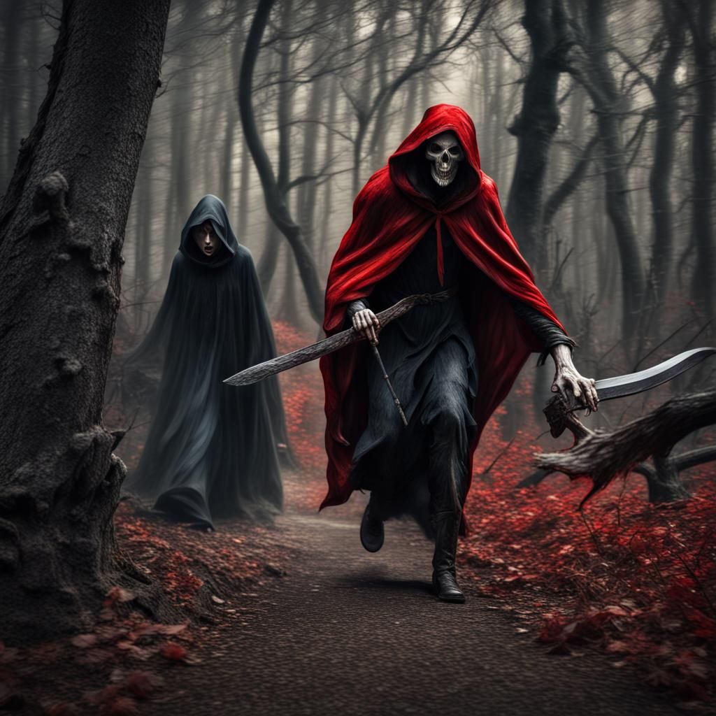 Red Riding Hood Chases Grim Reaper in Woods