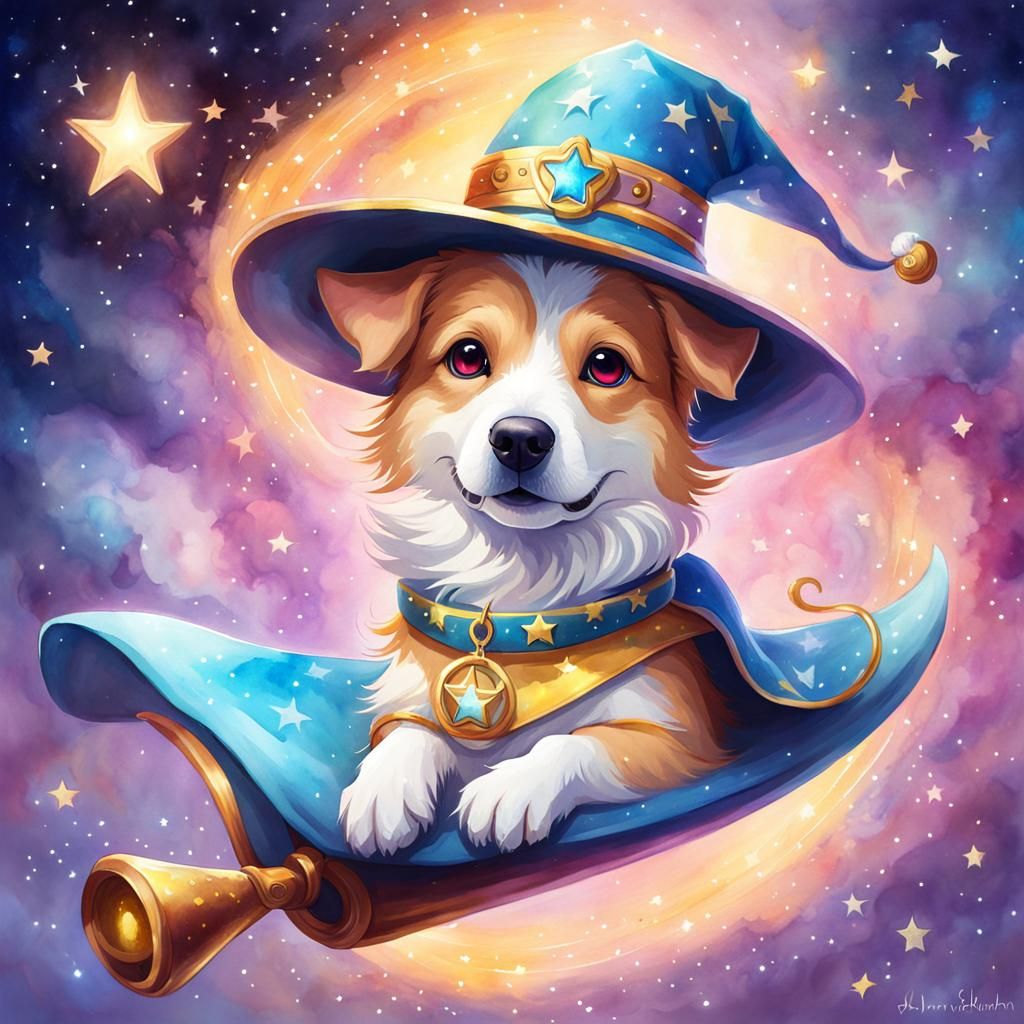 Dog Mage Rides Magical Bone in Watercolor
