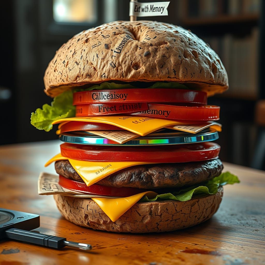 Surreal Cheeseburger Portrait Made of Recycled Media