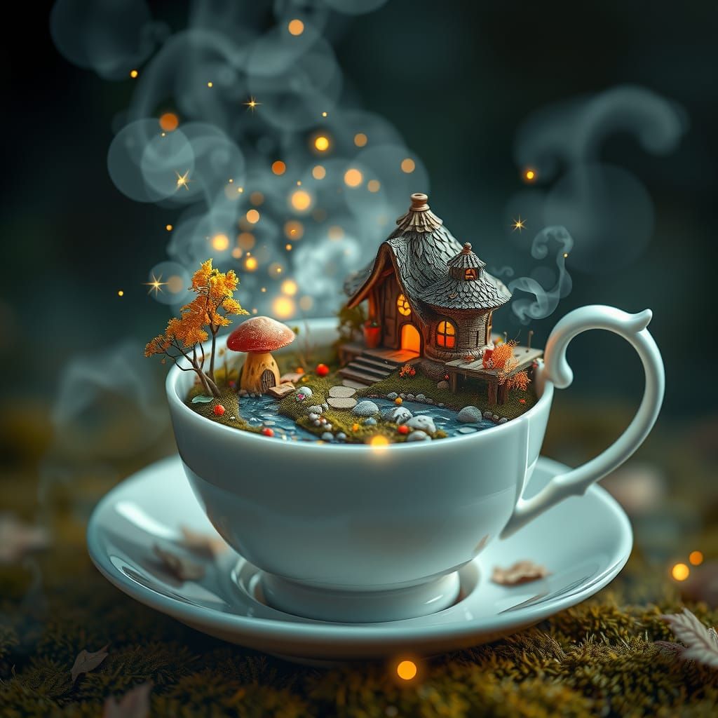 Autumnal Fairy Realm Inside Teacup, Digital Illustration