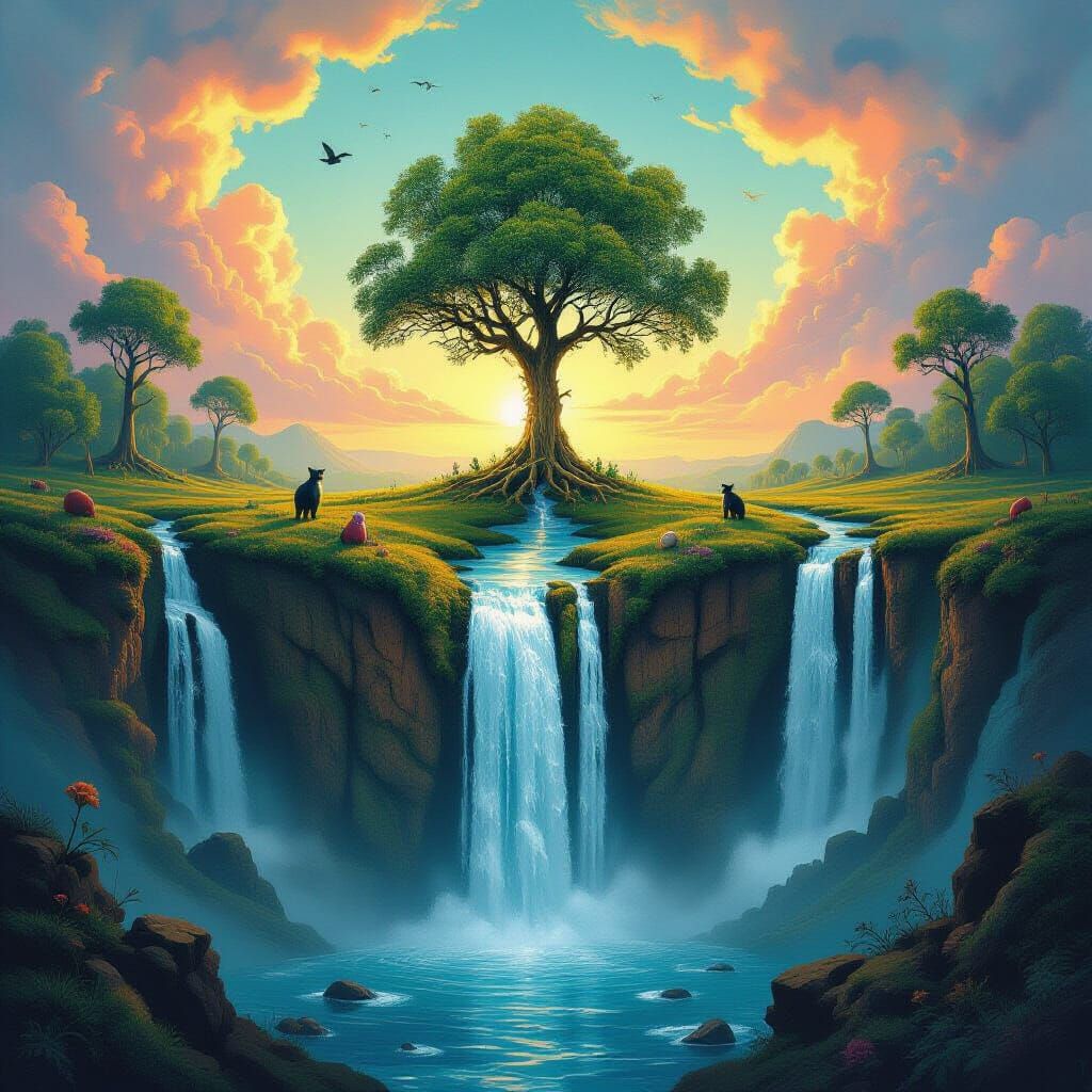 Surreal Inverted Landscape with Upside-Down Trees