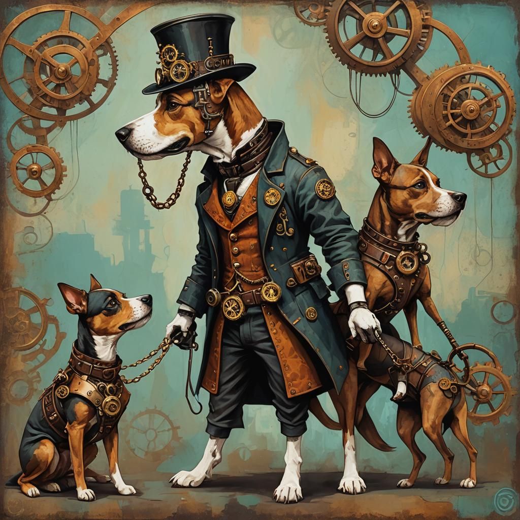 Steampunk Dog Walker in Abstract Style